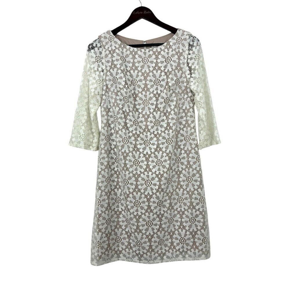 Eliza J Floral Lace Dress Size 8 Womens Tan White 3/4 Sleeve Sheath Cocktail N3